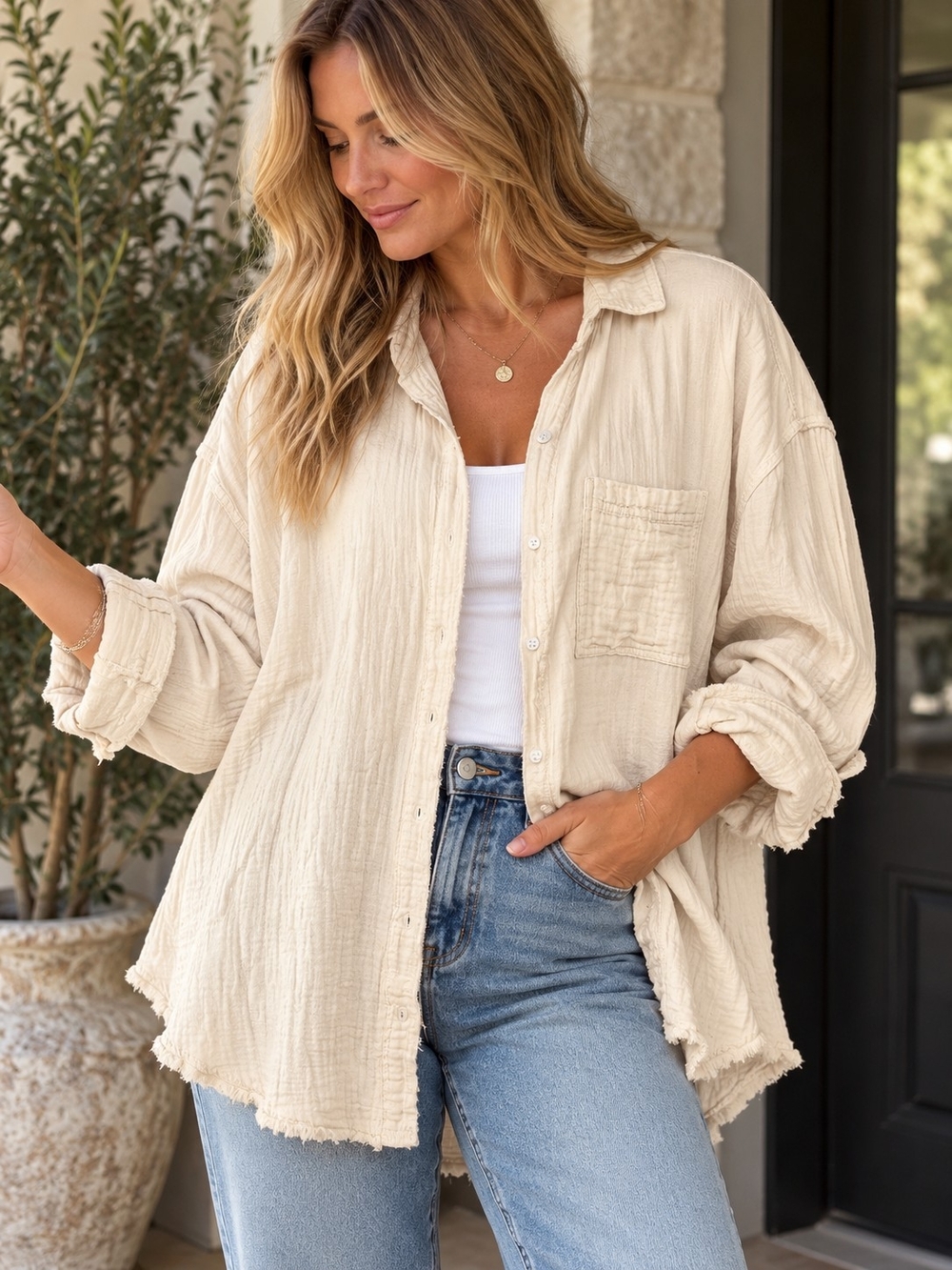 Aerie Oversized Cotton Gauze Button Down Shirt Cream S/P Raw Hem Boho